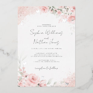 Invitación Con Relieve Metalizado Rosa Rubor Rosa Mariposa de Plata Boda