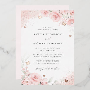 Invitación Con Relieve Metalizado Rosa Rubor Rosa Oro Mariposa Boda