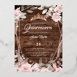 Invitación Con Relieve Metalizado Rosa Rústico Foco Floral Quinceanera