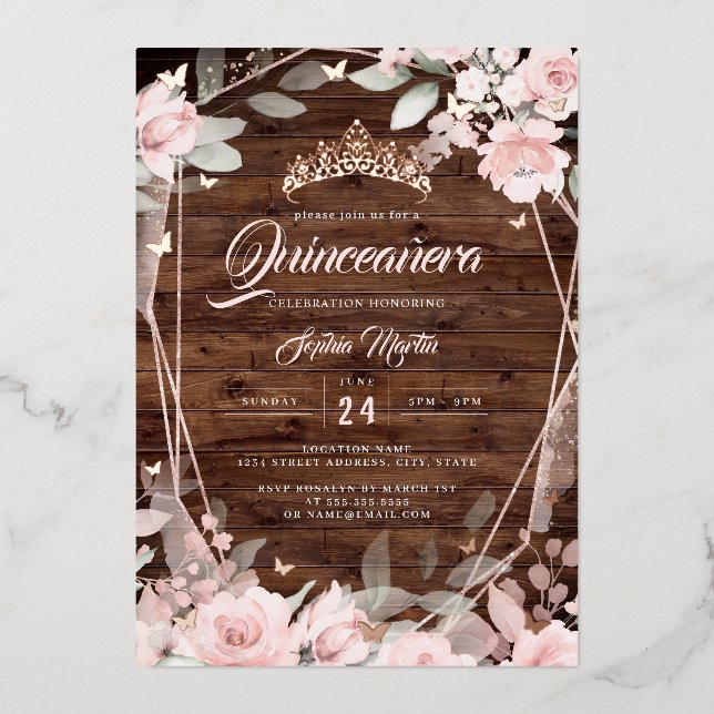 Invitación Con Relieve Metalizado Rosa Rústico Foco Floral Quinceanera (Anverso)