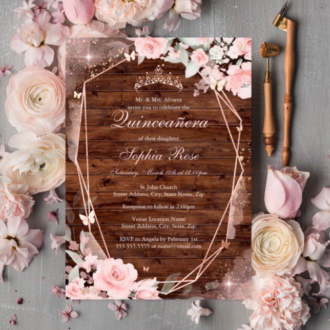 Invitación Con Relieve Metalizado Rosa Rústico Oro Mariposa Rosa Floral Quinceanera (Subido por el creador)