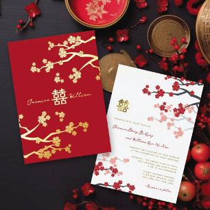 Invitación Con Relieve Metalizado Rosa Sakura Doble Felicidad Dorada Boda China