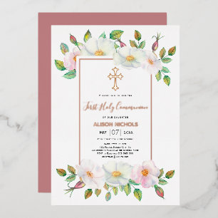 Invitación Con Relieve Metalizado Rosa silvestre blanca floral niña Primera Comunión