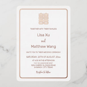 Invitación Con Relieve Metalizado Rosa simple oro Boda chino blanco