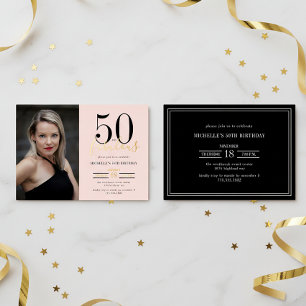 Invitación Con Relieve Metalizado Rosa Sonrojado 50 y Fabuloso Foto Dorada
