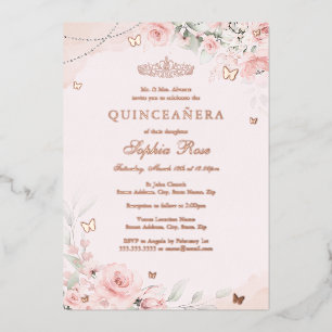 Invitación Con Relieve Metalizado Rosa suave con mariposa Quinceañera 15º