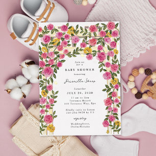 Invitación Con Relieve Metalizado Rosa Sunflower Trellis Spring Garden Baby Shower