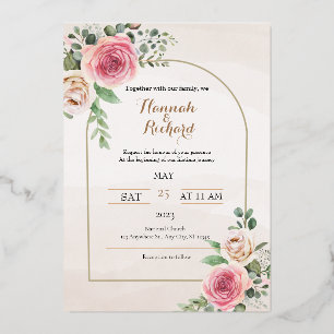 Invitación Con Relieve Metalizado Rosa turbio y boda floral ruidosaInvitación a Foil