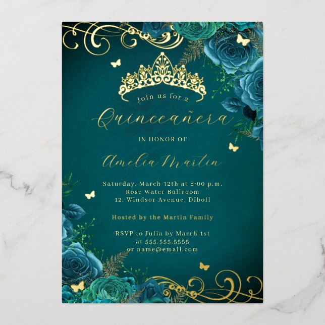 Invitación Con Relieve Metalizado Rosa verde azulado Floral Gold Swirl Quinceanera (Anverso)