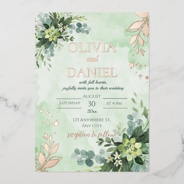 Invitación Con Relieve Metalizado Rosa verde Relieve metalizado de oro hojas boda (Anverso)