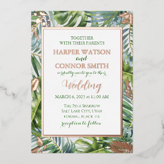Invitación Con Relieve Metalizado Rosa verde Relieve metalizado de oro hojas boda si