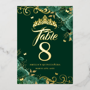 Invitación Con Relieve Metalizado Rosa verde Swirl Quinceanera Número de mesa de oro