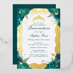 Invitación Con Relieve Metalizado Rosa Verde Teal Lace Quinceañera Cumpleaños