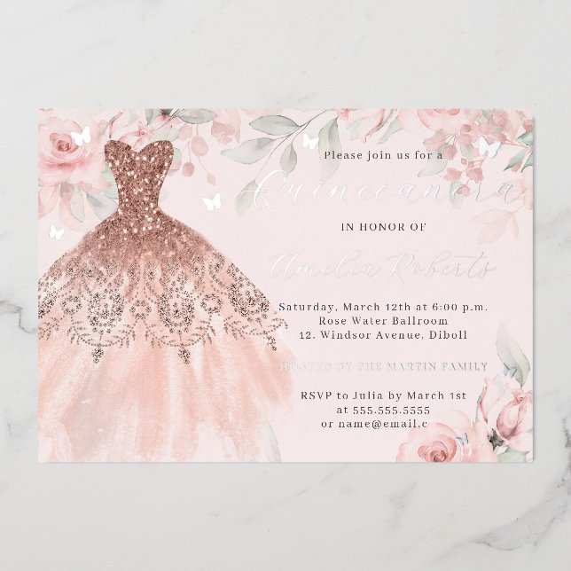 Invitación Con Relieve Metalizado Rosa Vestido dorado Floral Plata Mariposa (Anverso)