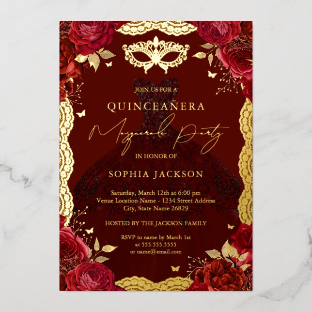 Invitación Con Relieve Metalizado Rosa Vestido Masquerade Fiesta Oro Rojo Quinceaner (Anverso)
