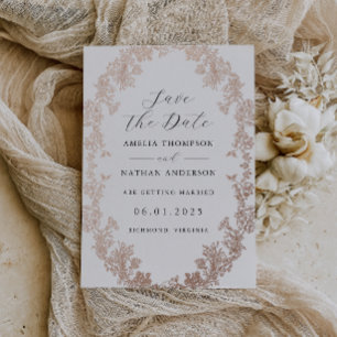 Invitación Con Relieve Metalizado Rosa Vintage Oro Floral Boda Guardar La Fecha