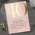 Invitación Con Relieve Metalizado Rosa y oro de Rubor | Mujeres elegantes 40º cumple<br><div class="desc">Estilo moderno 40 invitaciones de cumpleaños con el título "40" texto en Relieve metalizado metálico real. Los detalles del evento están impresos en negro mate. El oro acentúa sobre un fondo rosa claro femenino.</div>