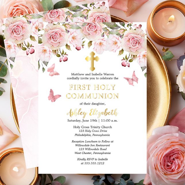 Invitación Con Relieve Metalizado Rosado Roses Butterflies Floral Primera Santa Comu (Elegant Pink Roses and Butterflies Floral First Holy Communion Invitation - Real Gold Foil)