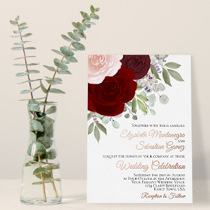 Invitación Con Relieve Metalizado Rosas acuarela de Borgoña y rubor Boda elegante