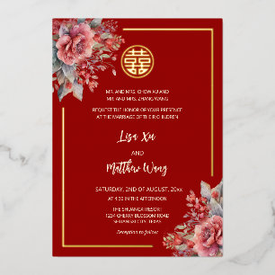Invitación Con Relieve Metalizado Rosas acuarela rojo oro boda china