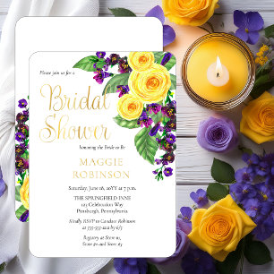 Invitación Con Relieve Metalizado Rosas amarillas Violetas Boho Bridal Shower flor