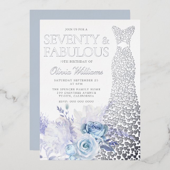 Invitación Con Relieve Metalizado Rosas azules 70 cumpleaños Silver (Anverso/Reverso)