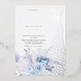 Invitación Con Relieve Metalizado Rosas azules 80 cumpleaños Silver