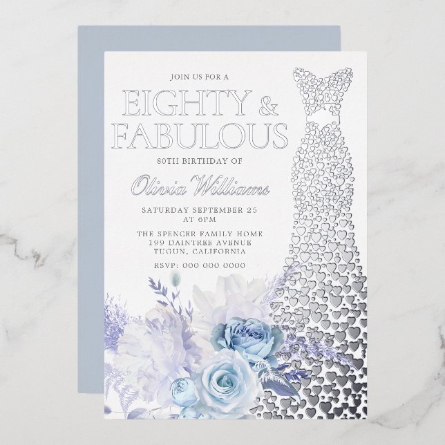 Invitación Con Relieve Metalizado Rosas azules 80 cumpleaños Silver (Anverso/Reverso)