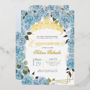 Invitación Con Relieve Metalizado Rosas Azules Bebé Princesa Quinceañera Oro Real