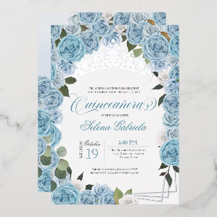 Invitación Con Relieve Metalizado Rosas Azules Claros Corona de Quinceañera Princesa