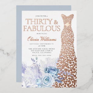 Invitación Con Relieve Metalizado Rosas Azules Cumpleaños 30 Rosado Dorado
