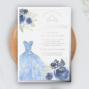 Invitación Con Relieve Metalizado Rosas Azules de Guisantes Pastel Quinceanera
