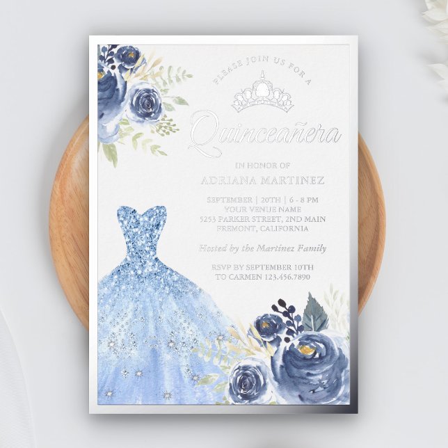 Invitación Con Relieve Metalizado Rosas Azules de Guisantes Pastel Quinceanera (Subido por el creador)