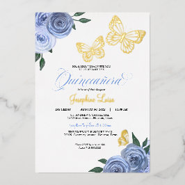 Invitación Con Relieve Metalizado Rosas Azules de Mariposa Quinceañera Real