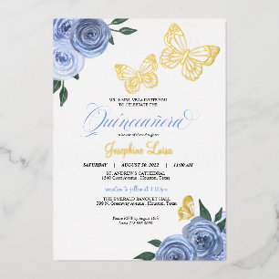 Invitación Con Relieve Metalizado Rosas Azules de Mariposa Quinceañera Real