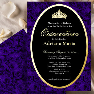 Invitación Con Relieve Metalizado Rosas Azules Elegante Corona Dorada de Flores Quin