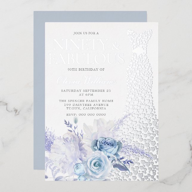 Invitación Con Relieve Metalizado Rosas azules Mujeres 90º cumpleaños Real Silver (Anverso/Reverso)