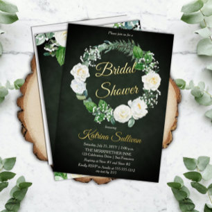 Invitación Con Relieve Metalizado Rosas Blancas Bridal Shower de Verde Eucalipto