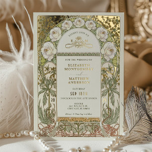 Invitación Con Relieve Metalizado Rosas blancas de oro arte Nouveau vintage boda