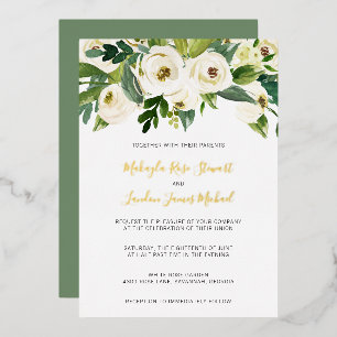 Invitación Con Relieve Metalizado Rosas blancas elegantes Verde Flora Floral Boda Or