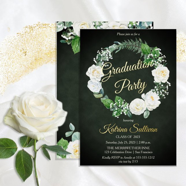 Invitación Con Relieve Metalizado Rosas blancas | Fiesta de Graduación Eucalyptus Gr (Subido por el creador)