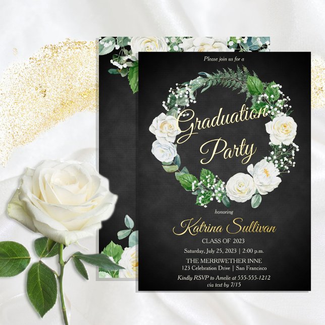 Invitación Con Relieve Metalizado Rosas blancas | Fiesta de Graduación Eucalyptus Gr (Subido por el creador)