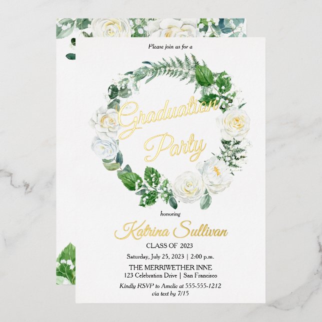 Invitación Con Relieve Metalizado Rosas blancas | Graduación de Eucalyptus Green 202 (Anverso/Reverso)