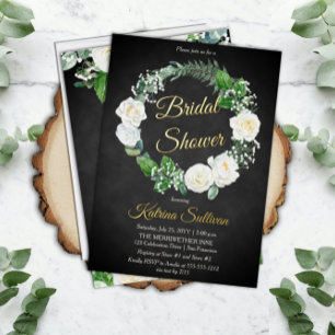 Invitación Con Relieve Metalizado Rosas Blancas Greenery de Eucalipto Bridal Showe
