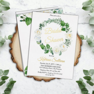 Invitación Con Relieve Metalizado Rosas Blancas Regalo de Ducha de Novia con Verde