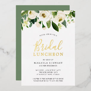 Invitación Con Relieve Metalizado Rosas Blancas Verdor Floral Desayuno Nupcial Dorad
