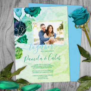 Invitación Con Relieve Metalizado Rosas Bodas Plata Azul, Verde, Turquesa