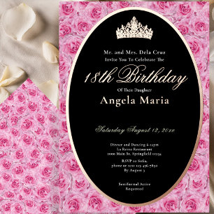 Invitación Con Relieve Metalizado Rosas Clásicas Rosadas Cumpleaños 18 Debut Rosa Do
