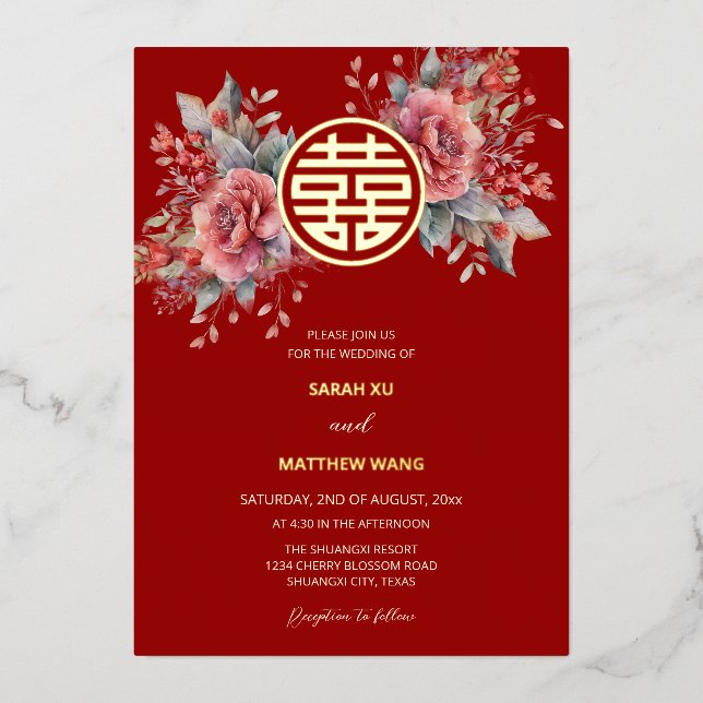Invitación Con Relieve Metalizado ROSAS de acuarela BILINGUAL Boda chino (Anverso)