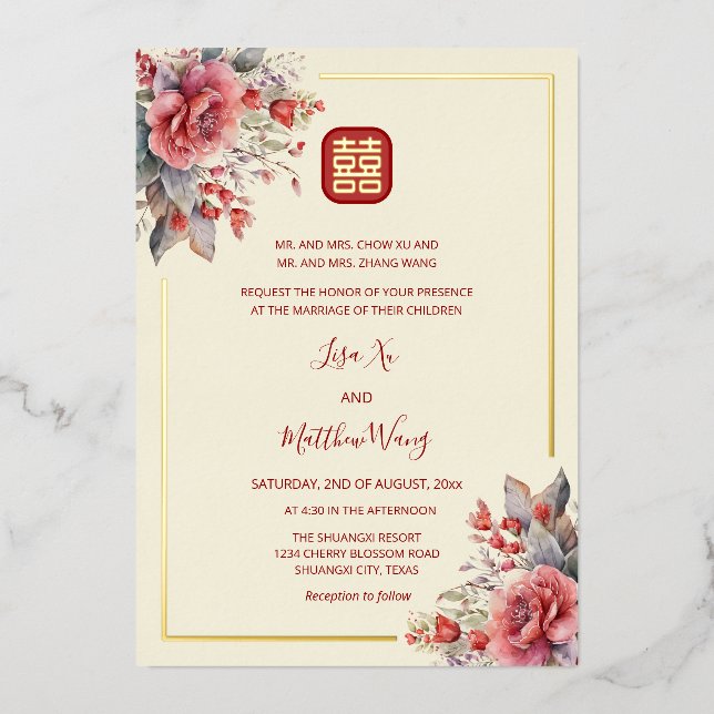 Invitación Con Relieve Metalizado Rosas de acuarela Boda chino de oro (Anverso)
